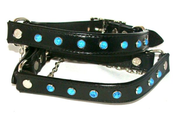 A PAIR- Black Leather turquoise cowboy boot chain - USA with blue crystals on it.