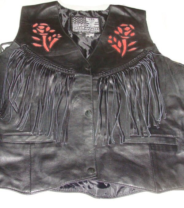 A women's RED Rose inlay leather fringe western vest with red embroidery and fringes.