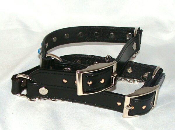 Two PAIR- Black Leather turquoise cowboy boot chains with metal buckles.