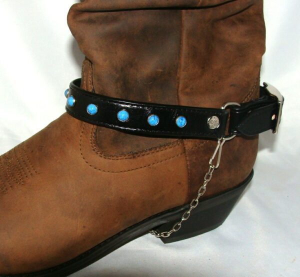 A PAIR- Black Leather turquoise cowboy boot chain - USA with a chain and blue beads.