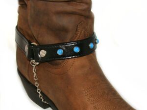 A PAIR- Black Leather turquoise cowboy boot chain - USA with blue stones and a chain.