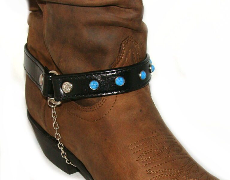 A PAIR- Black Leather turquoise cowboy boot chain - USA with blue stones and a chain.