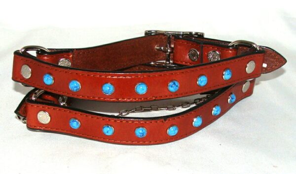 A PAIR- Brown Leather turquoise cowboy boot chain - USA dog collar with blue stones.