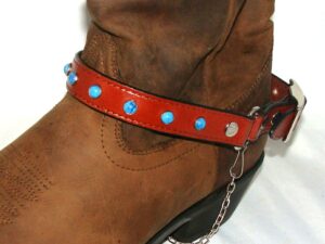 A PAIR- Brown Leather turquoise cowboy boot chain - USA with blue beads and a chain.
