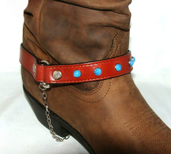 A PAIR- Brown Leather turquoise cowboy boot chain - USA with blue beads and a chain.