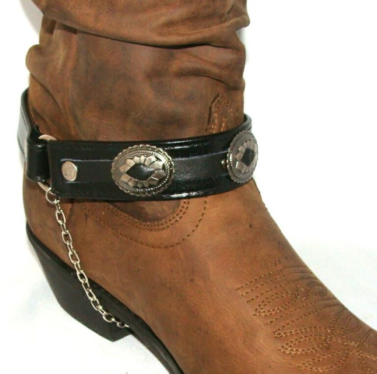 A PAIR- Black Leather silver mesa cowboy boot chain - USA with a chain around the ankle.