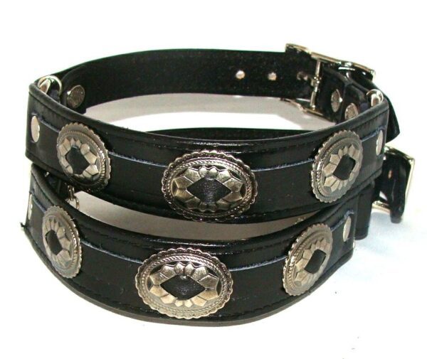 A PAIR- Black Leather silver mesa cowboy boot chain - USA of black leather collars with silver studs.
