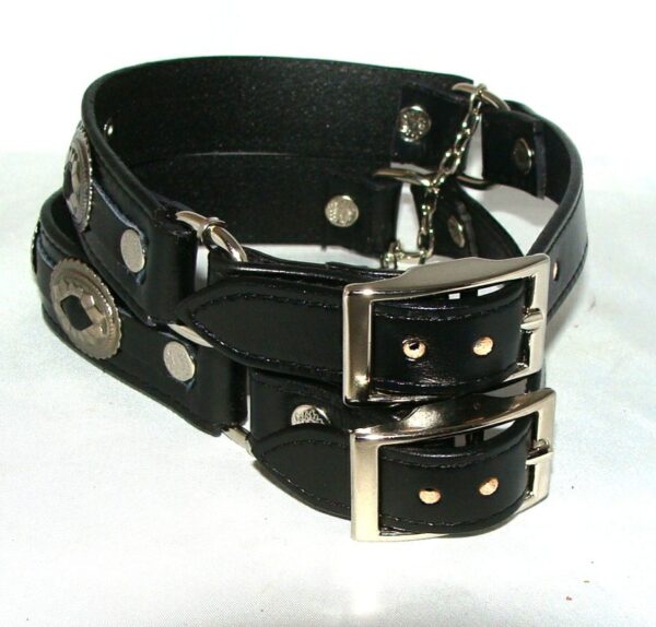 Two PAIR- Black Leather silver mesa cowboy boot chain - USA collars with metal buckles.