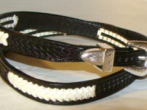A black woven basket weave leather Rawhide hat band with a silver buckle.
