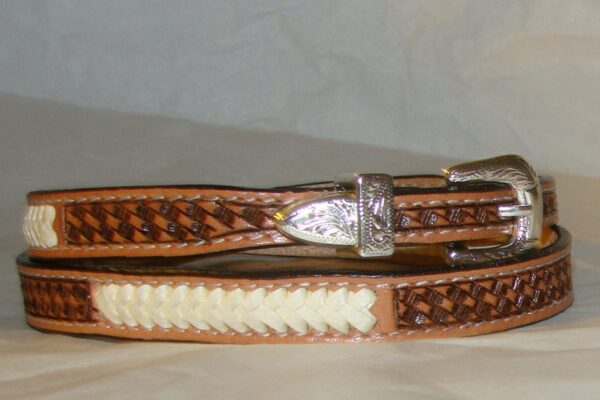 A Brown Woven Basket weave leather Rawhide hat band with a silver buckle, perfect as a cowboy hat band.
