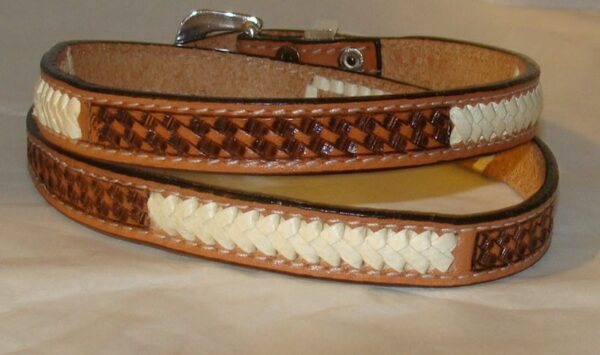 A Brown Woven Basket weave leather Rawhide hat band belt.