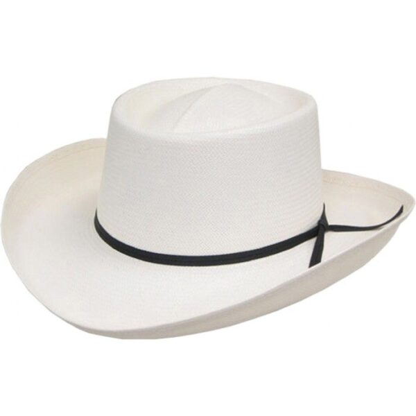 A 50X Shantung White Gambler Straw Hat- USA made on a white background.