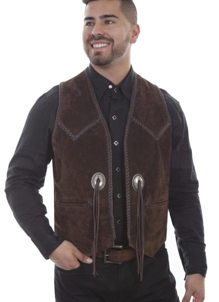 A man wearing a Mens Scully Brown Suede Whip Stitch Concho Western Vest.