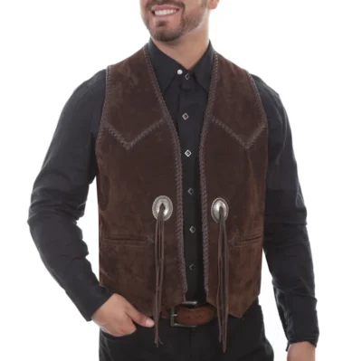 Mens Scully Brown Suede Whip Stitch Concho Western Vest.