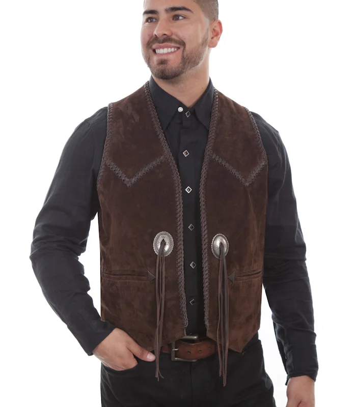 Mens Scully Brown Suede Whip Stitch Concho Western Vest.