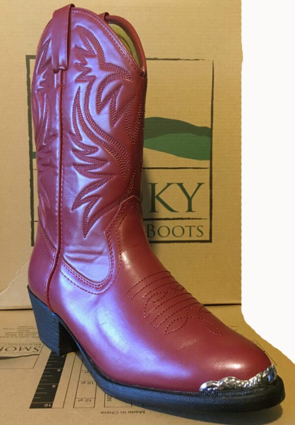 A women's SIZE 5 Youth Maroon red boot tip cowboy boot in front of a box.