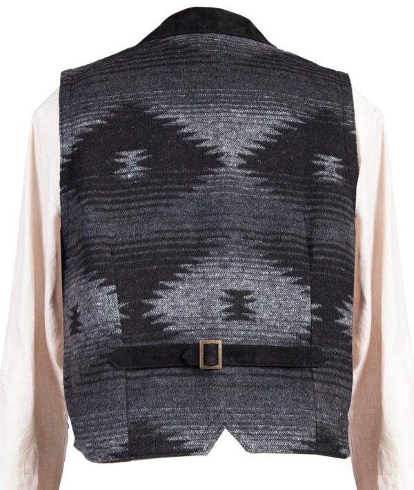 A Scully Mens Black Southwestern Suede Rancher Vest with an aztec pattern.