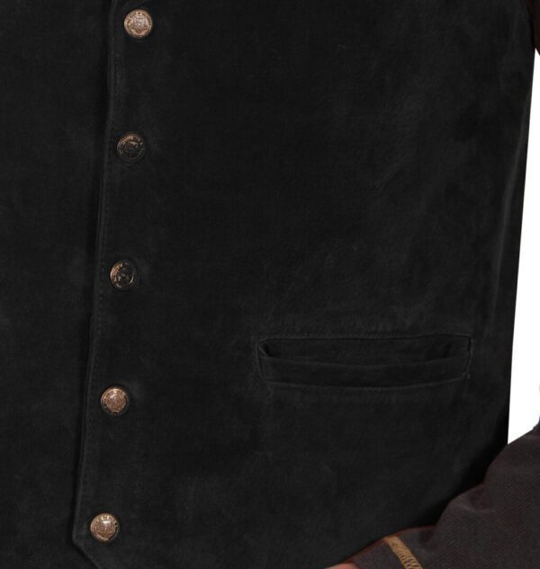 A man is wearing a Scully Mens Black Southwestern Suede Rancher Vest with brown buttons.