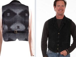 A man wearing a Scully Mens Black Southwestern Suede Rancher Vest and jeans.