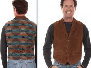 A man is wearing a Scully Mens Suede Brown Southwestern Rancher Vest with a pattern on it.