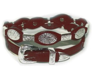 A cherry brown leather hat band with oval and ferrules silver buckle.