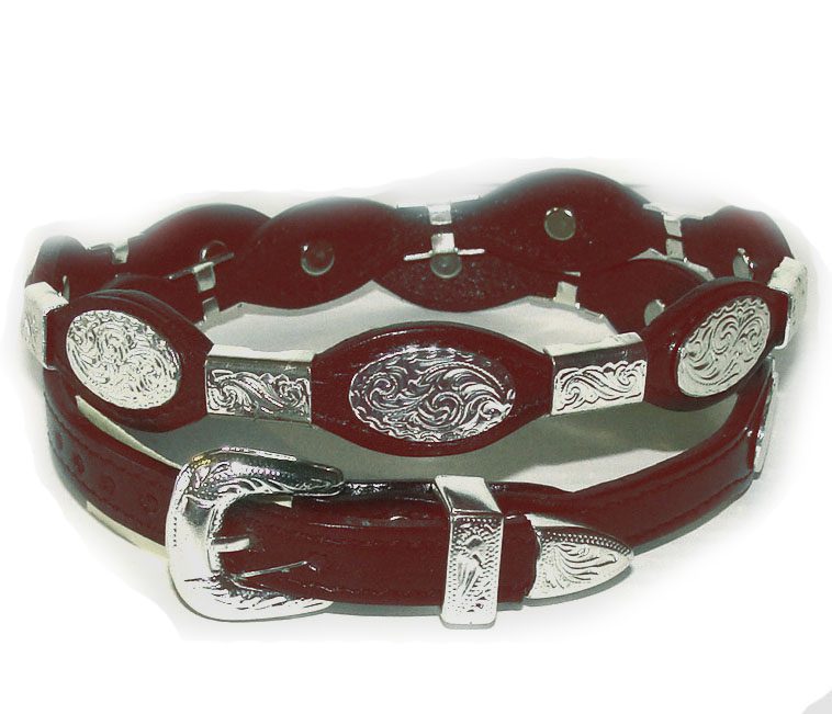 A cherry brown leather hat band with oval and ferrules silver buckle.