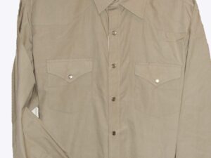 A men's Mens Pearl Snap Stone Tan Western Shirt hanging on a hanger.