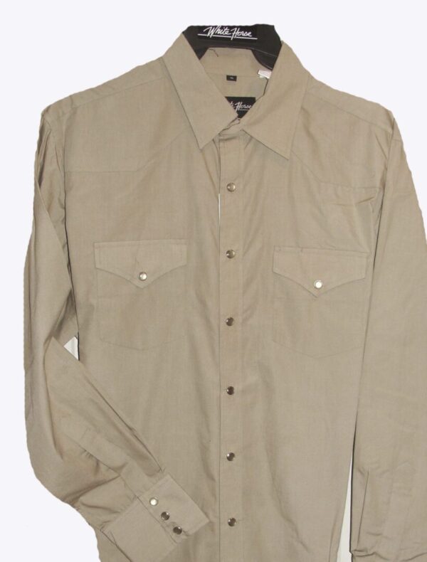 A men's Mens Pearl Snap Stone Tan Western Shirt hanging on a hanger.