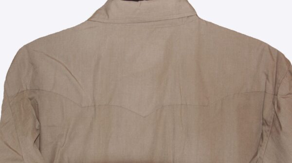 The back of a Mens Pearl Snap Stone Tan Western Shirt on a mannequin.