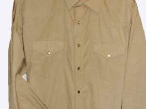 A Men's Longsleeve Khaki Western Shirt hanging on a hanger.