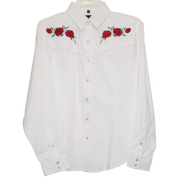 A Womens Red Texas Rose White Western Shirt with red roses on it.