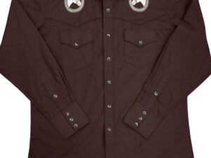 A men's Horse Shoe Chocolate Brown Western Shirt with white appliques.