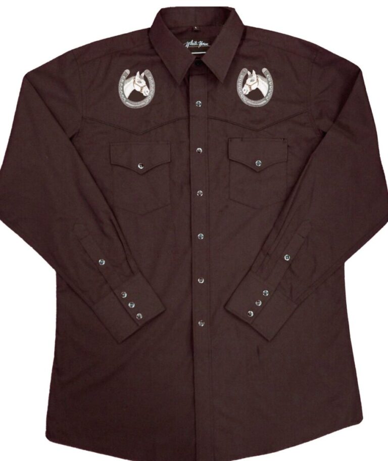 A men's Horse Shoe Chocolate Brown Western Shirt with white appliques.
