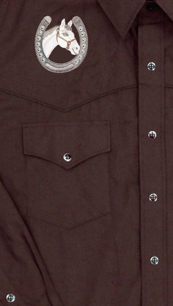 A Men's Horse Shoe Chocolate Brown Western Shirt with a horse on it.