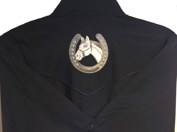 A Men's Horse Shoe Black Western Shirt with a horse head on the back.