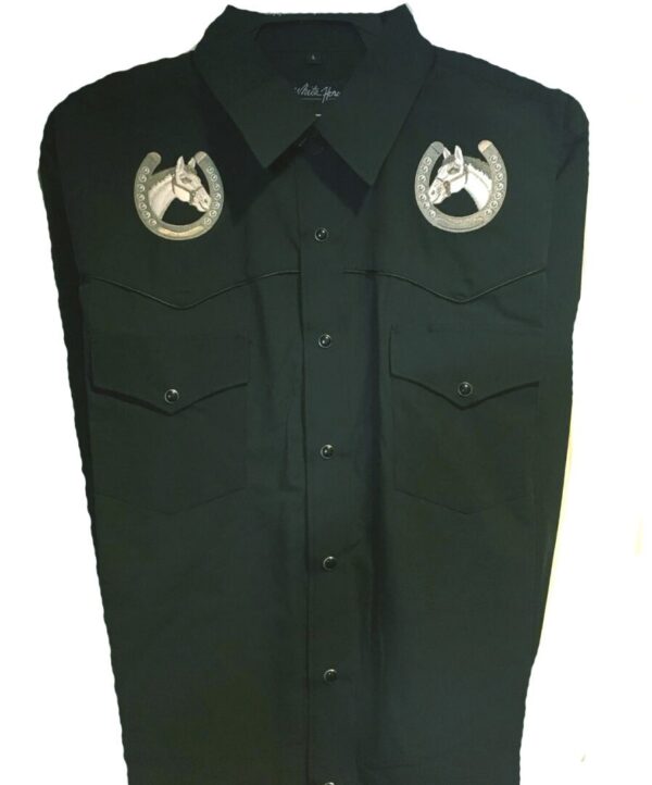 A Men's Horse Shoe Black Western Shirt with silver horseshoes on it.