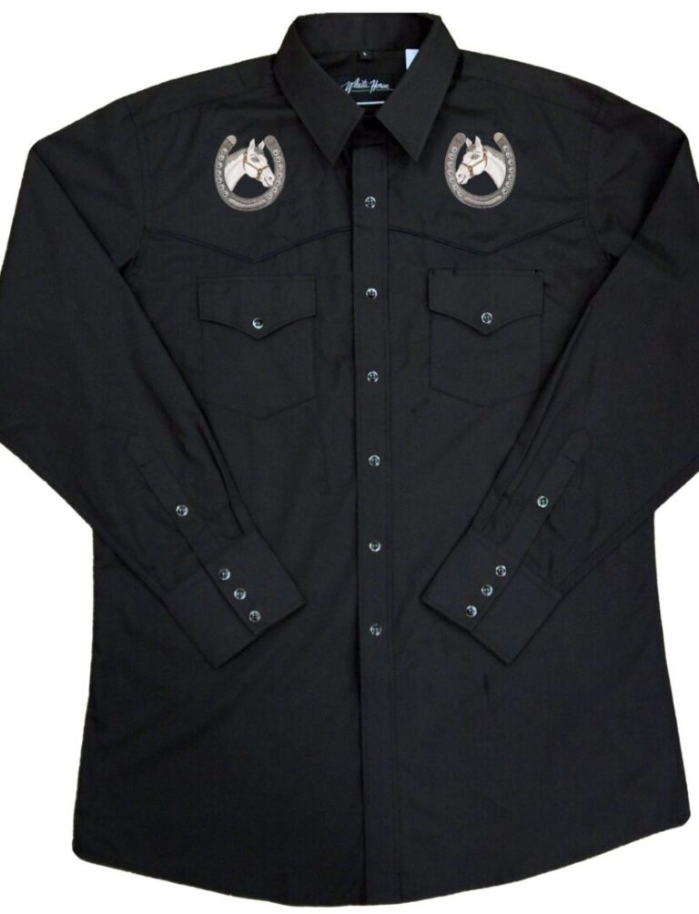 A Men's Horse Shoe Black Western Shirt with embroidered eagles on the sleeves.