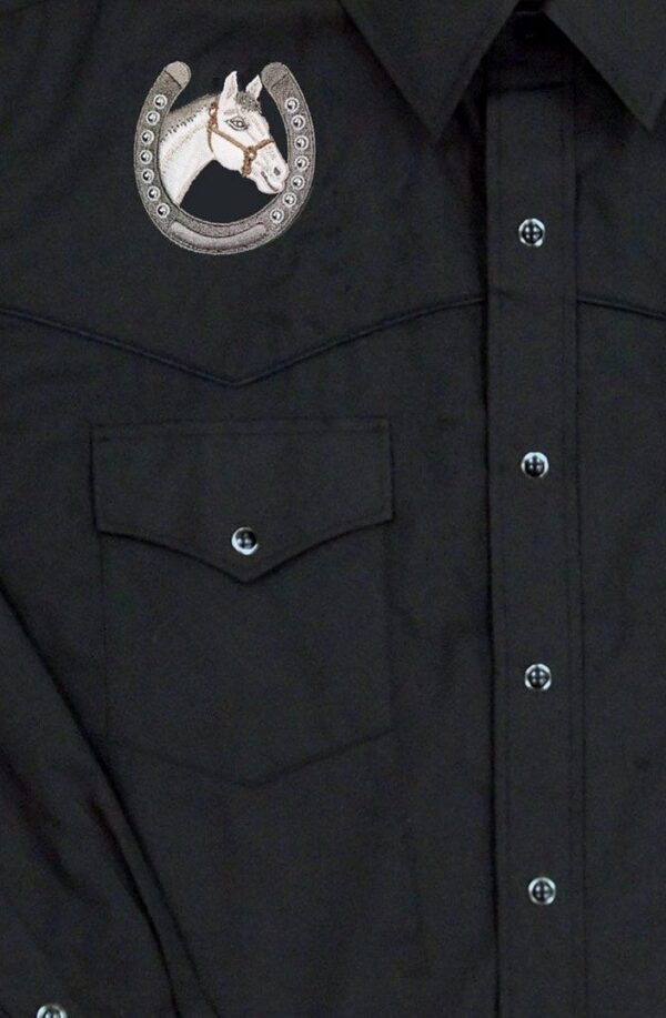 A Men's Horse Shoe Black Western Shirt with a horse embroidered on it.