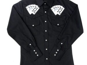 A Men's "Royal Flush" Black western shirt with playing cards on it.
