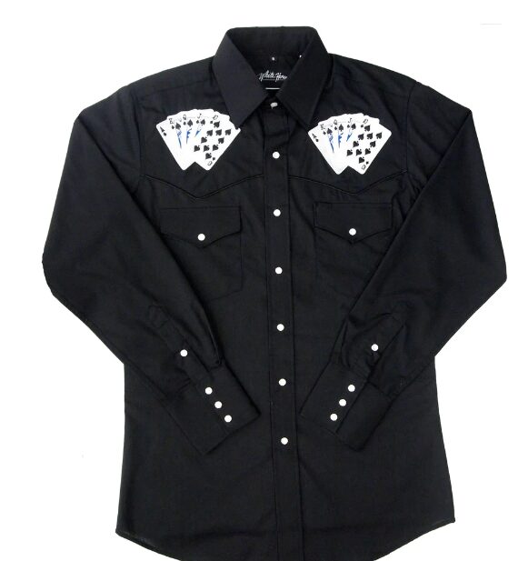 A Men's "Royal Flush" Black western shirt with playing cards on it.