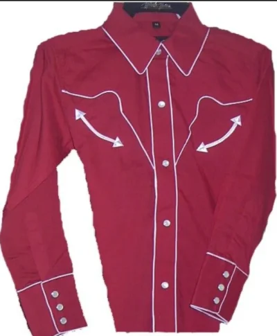 Men's White Piped Pearl Snap Red Vintage Western Shirt <ul style="list-style: square inside none;"> <li>Pearl snaps</li> <li>65% Poly /35% Cotton</li> <li>Retro, vintage piping</li> <li>SMALL TO 3XL<strong> </strong></li> </ul> •