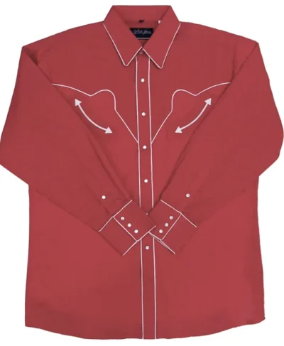 Men's White Piped Pearl Snap Red Vintage Western Shirt <ul style="list-style: square inside none;"> <li>Pearl snaps</li> <li>65% Poly /35% Cotton</li> <li>Retro, vintage piping</li> <li>SMALL TO 3XL<strong> </strong></li> </ul> •