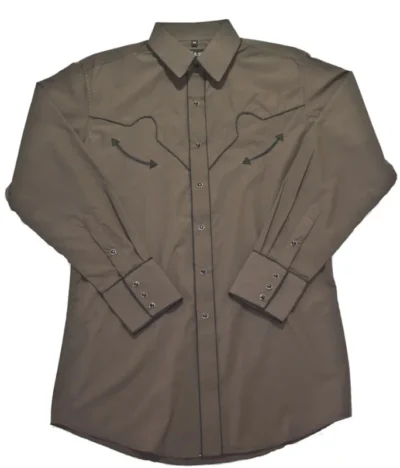 Mens Pearl snap, Retro Black Piped Brown Western Shirt <li>retro piped</li> <li>65% Poly,35% Cotton</li> <li>MFG: White horse</li> <li>SM TO 2XL</li> •