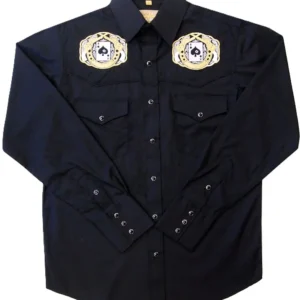 Mens Pistols and Spades embroidered Black western shirt with gold embroidery
