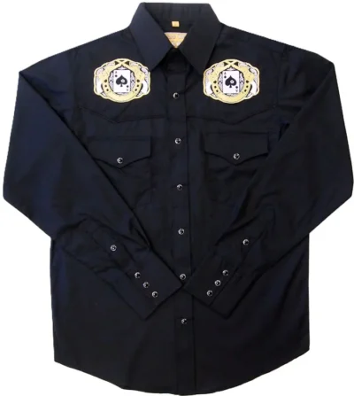 Mens Pistols and Spades embroidered Black western shirt with gold embroidery