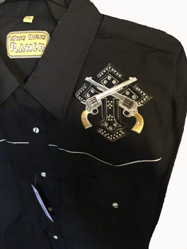 A Studded Cross and Pistols men's black western shirt.