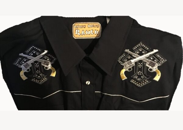 A Studded Cross and Pistols Mens Black western shirt with gold and silver embroidered designs.