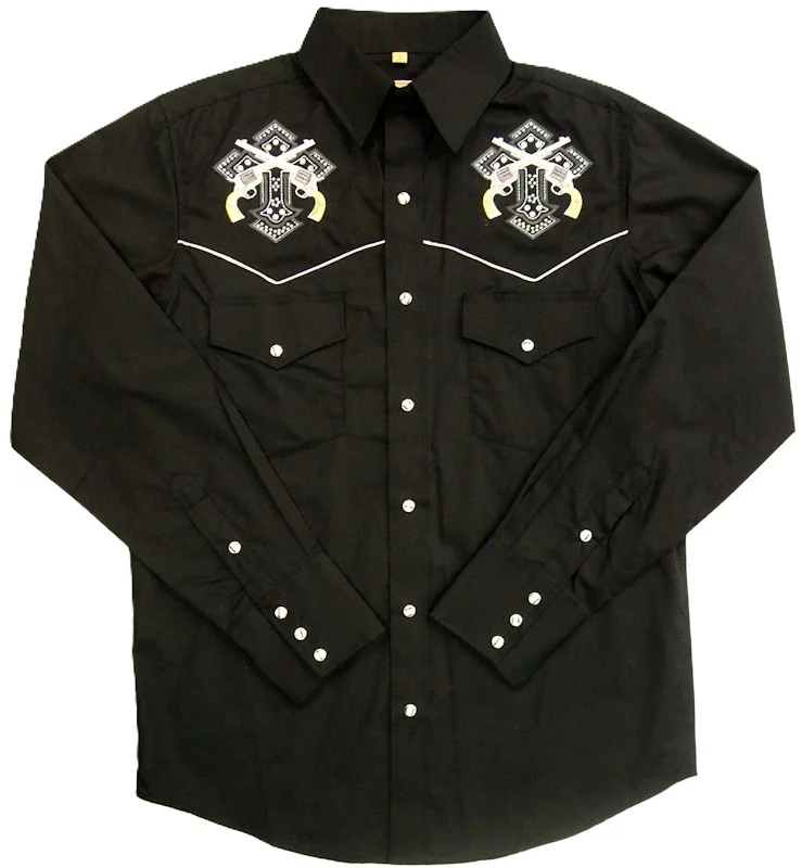 Mens western cross with embroidered guns Black cowboy shirt