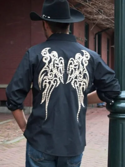 mens angel wings black western shirt