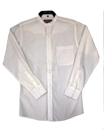 Men's Antique White Button Down Banded Collar Shirt <ul> <li>front pocket</li> <li>65% poly, 35% Cotton</li> </ul> •